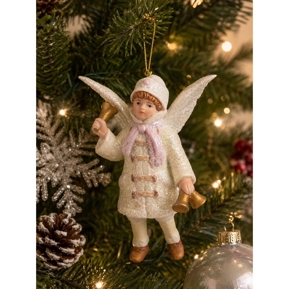 Sparkly Winter Angel Child Christmas Ornament Golden Bells Snowy Bell Ringer
